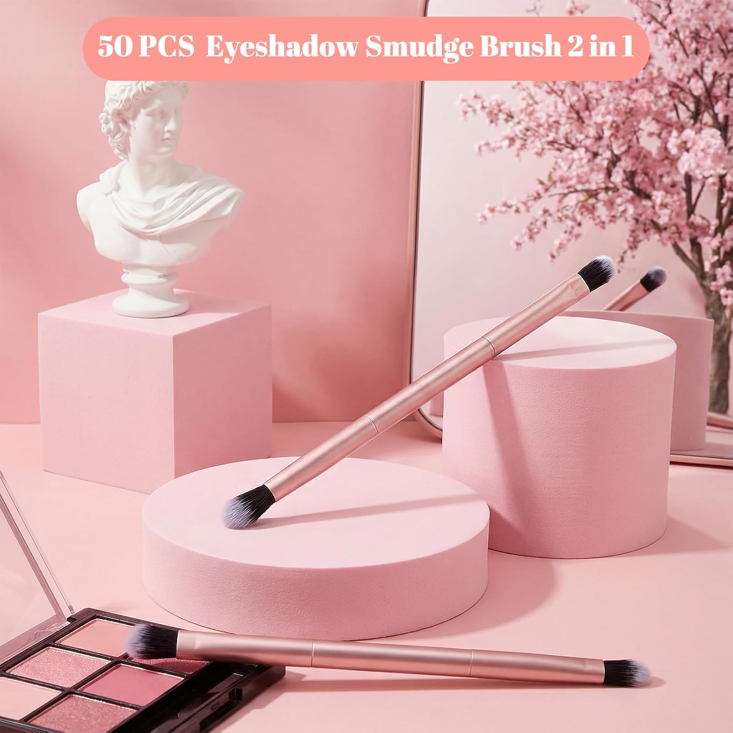 50Pcs Eyeshadow Smudge Brush 2 in 1 Eyeshadow Double Ended Concealer Brush Under Eye Small Soft Firm Pointed Foundation Makeup Applicator for Blending Eye Shadow Liner(Rose Gold)