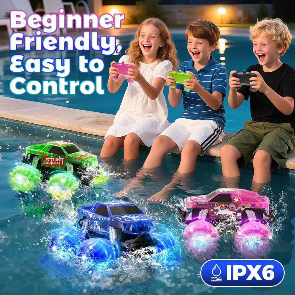 Amphibious Monster Truck Toy, Waterproof Remote Control Car, 4WD Off-Road RC Truck with Colorful Light, RC Stunt Car Toy for 4-7 8-12 Year Boy Birthday Gift Present