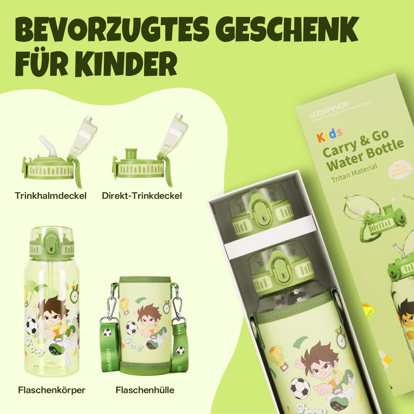 UZSPACE Gourde Sport Enfant 600 Ml – Tritan Sans BPA, Anti-Fuite, Couvercle à Charnière, Passe Au Lave-Vaisselle