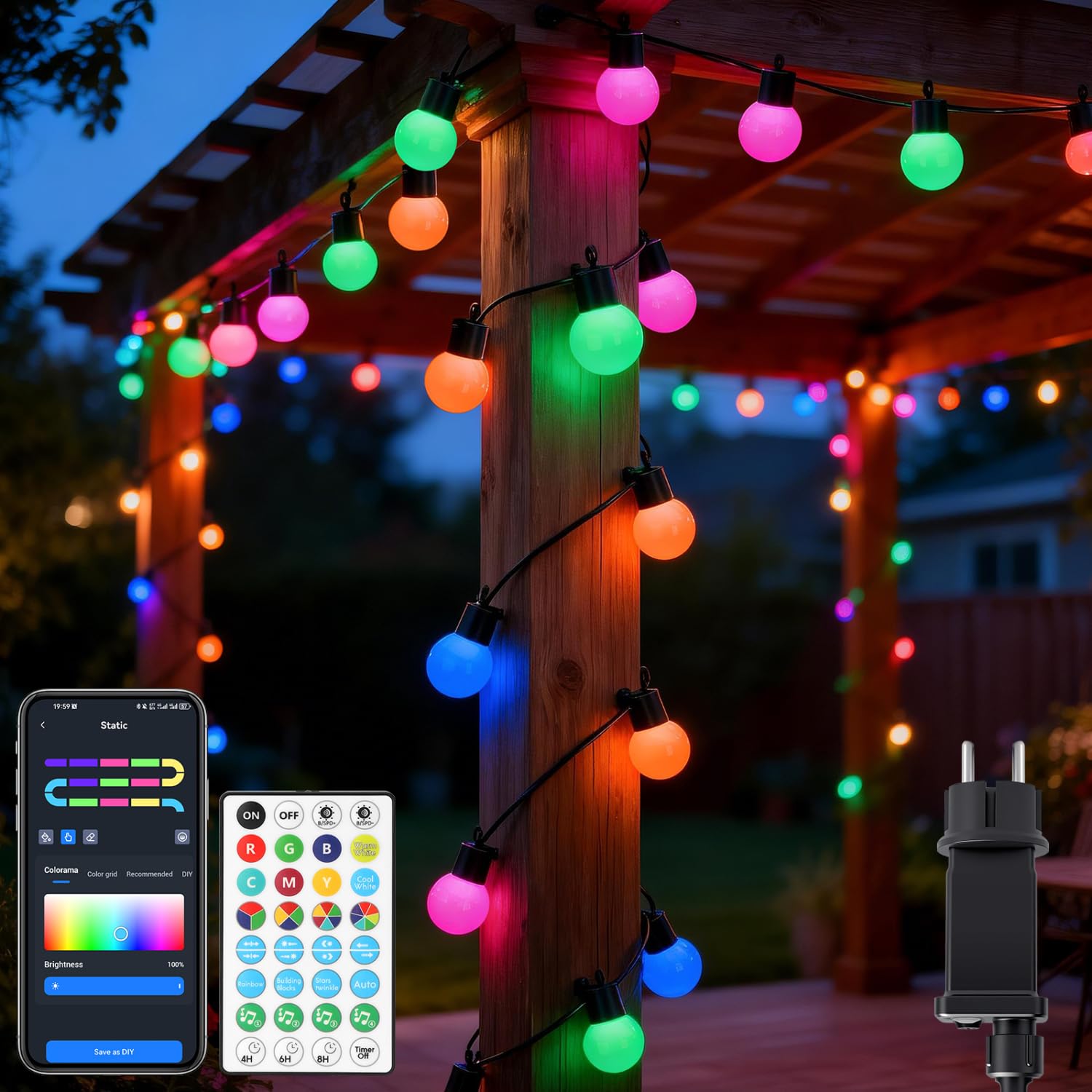 Aigostar Catena Luminosa RGBIC Esterno, 5M, 25 LED Lampadina Colorata, Controllo Segmento Fai da te a Colori, Sincronizzazione Musicale, 39 Modalità Dinamiche, IP44 Impermeabile per Interni, Giardino