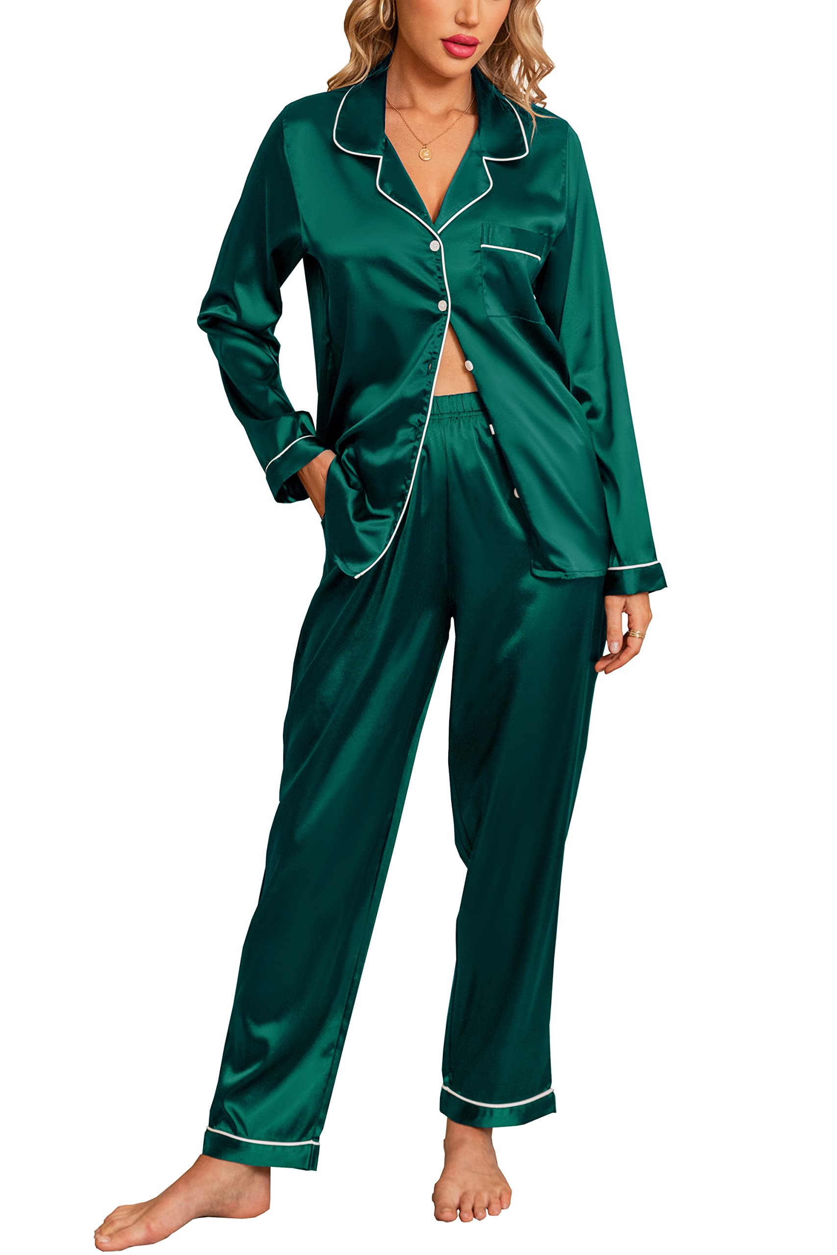 Anjue Silk Satin Pajamas Set Women's Long Sleeve Sleepwear Soft Pjs Set Two Piece Button Down Pj Set with Pockets S-XXL