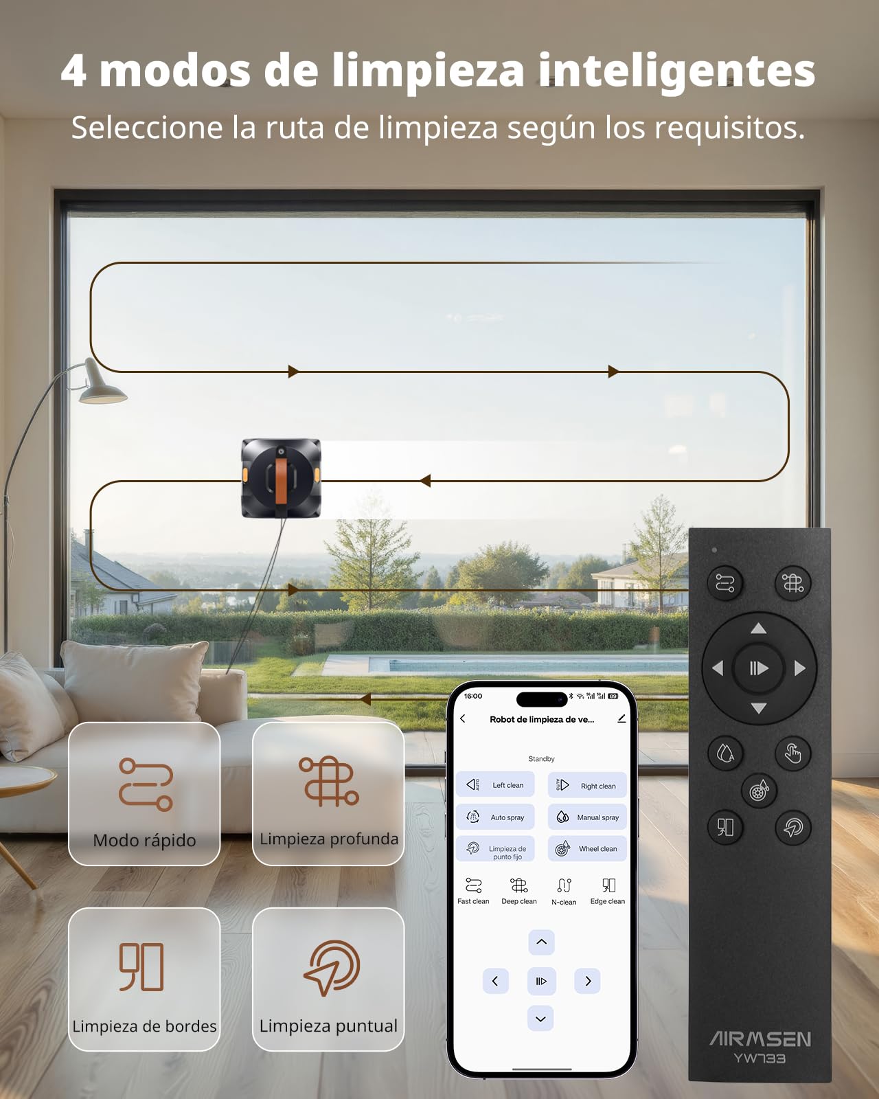 AIRMSEN YW733 Robot limpiacristales, planificación automática, 4 modos de limpieza, 4 boquillas pulverizadoras, depósito grande de 110 ml, 6000 Pa, para ventanas, vidrio de ducha & espejos