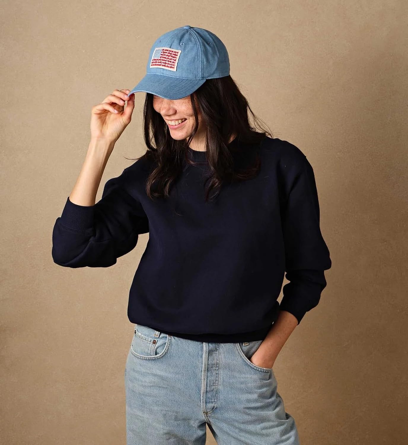 RIFLE PAPER CO. Americana Denim Baseball Cap, Women's Baseball Hat, Classic Six-Panel Textile Print Cap with Adjustable Strap, Made from 100% Cotton, One Size Fits All