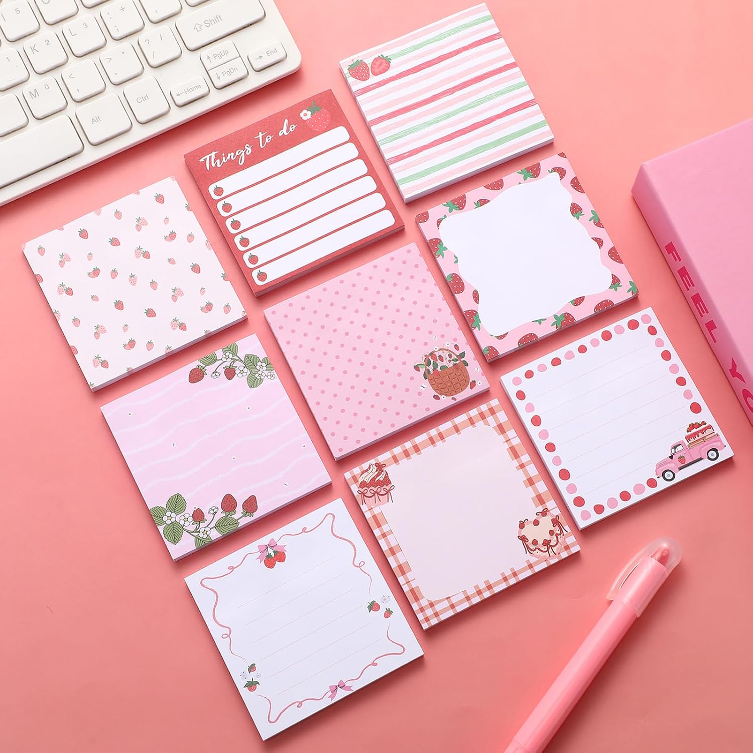 9 Pads Strawberry Sticky Notes, 3x3 Inch Cute Stick Notepads image 5