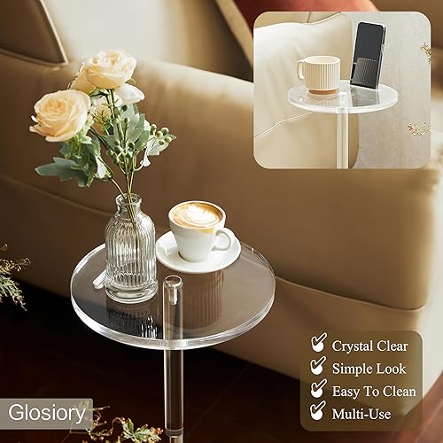 Miniatura 3 de Mesa de bebida acrílica, pequeña mesa auxiliar redonda para espacios pequeños, mesas auxiliares de pedestal con soporte para teléfono, mesas