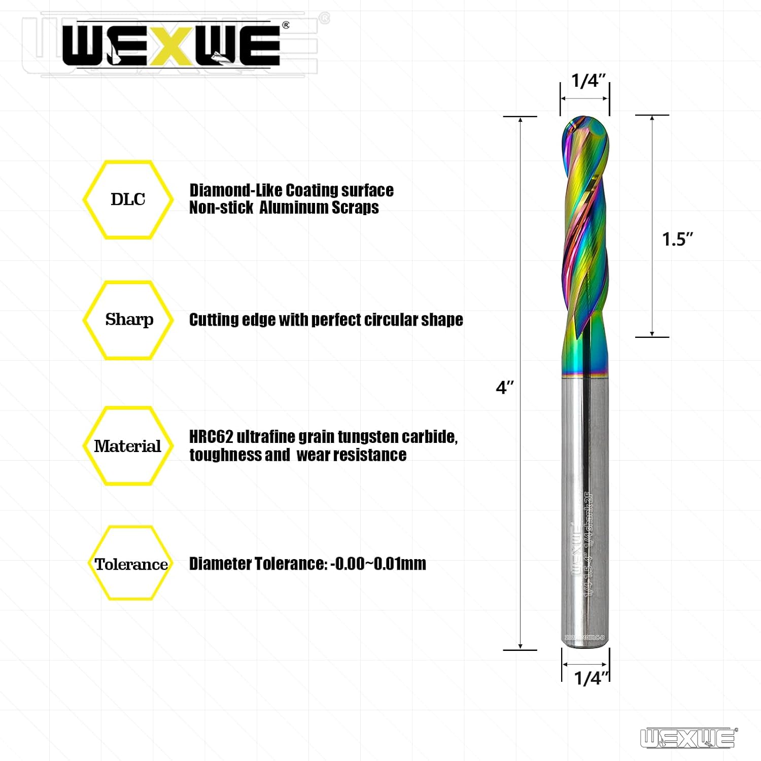 Tools Extra Long Ball Nose Carbide End Mill, DLC Coating, CNC Cutting Tools for Aluminum and Wood Cutting, 3D Carving & Engraving. 2 Flute Router Bits，1/4 Shank (1/4-4" 2pcs)