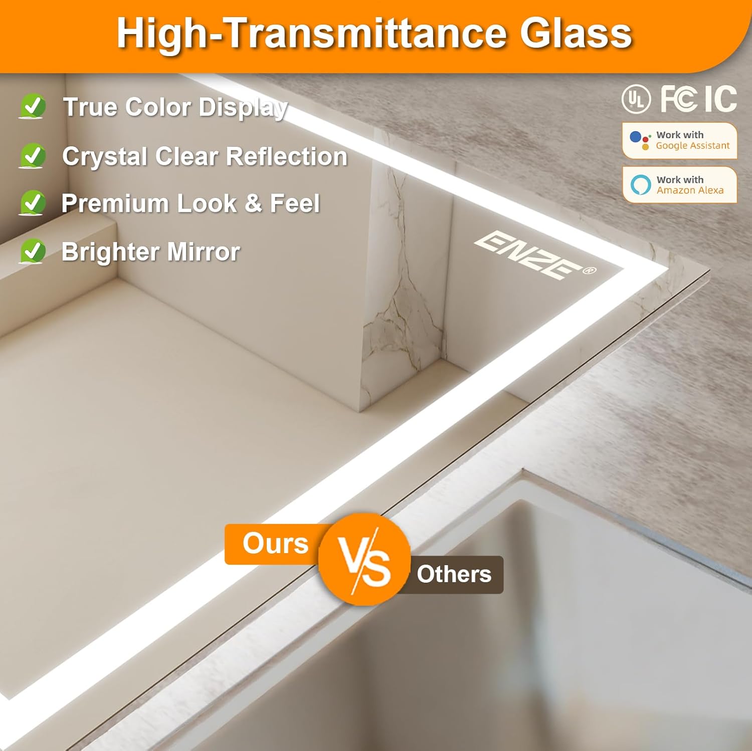 ENZE 24"x40" Smart Lighted Bathroom Mirror for Wall, WiFi App & Voice Control (Alexa/Google), Anti-Fog, 3-Color Dimmable, Built-in Clock, Plug-in/Hardwired Vanity Mirror