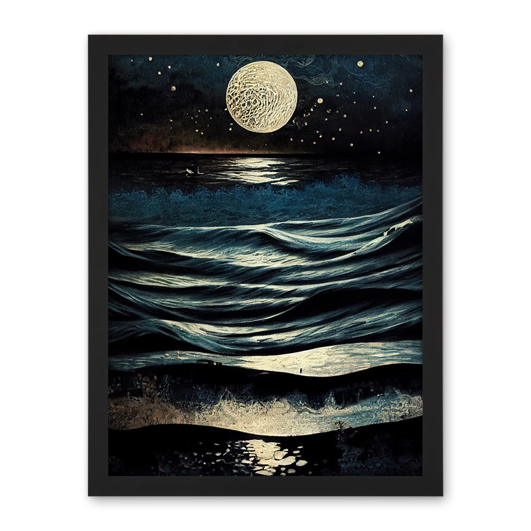 Artery8 Full Moon Rising Over Clear Night Sky Tidal Waves Artwork Framed Wall Art Print 18X24 Inch