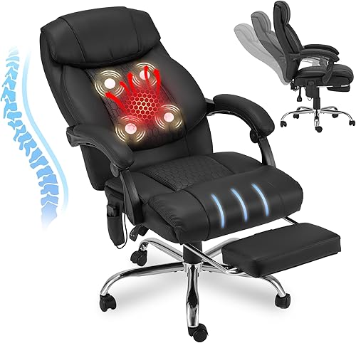 Miniatura 12 de HOMREST Silla de oficina de masaje de 4 puntos, sillas ejecutivas de calefacción con reposapiés, silla de oficina de cuero reclinable
