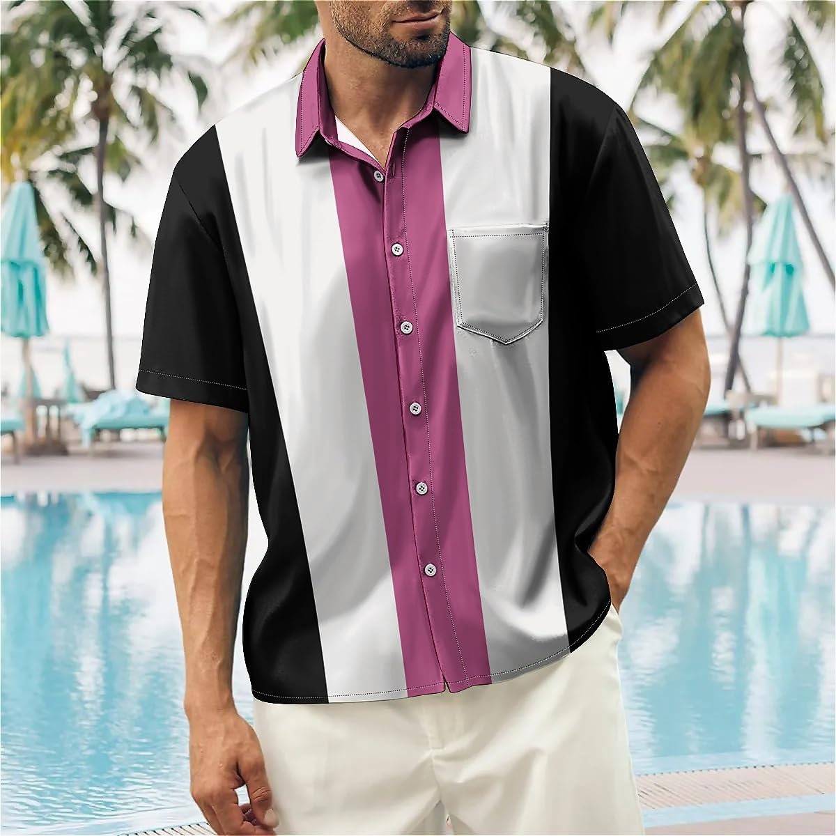 QIVICIMA Men's Retro Bowling Shirts 50s Vintage Button Down Color Block Active Shirts Flamingo Print - Image 2