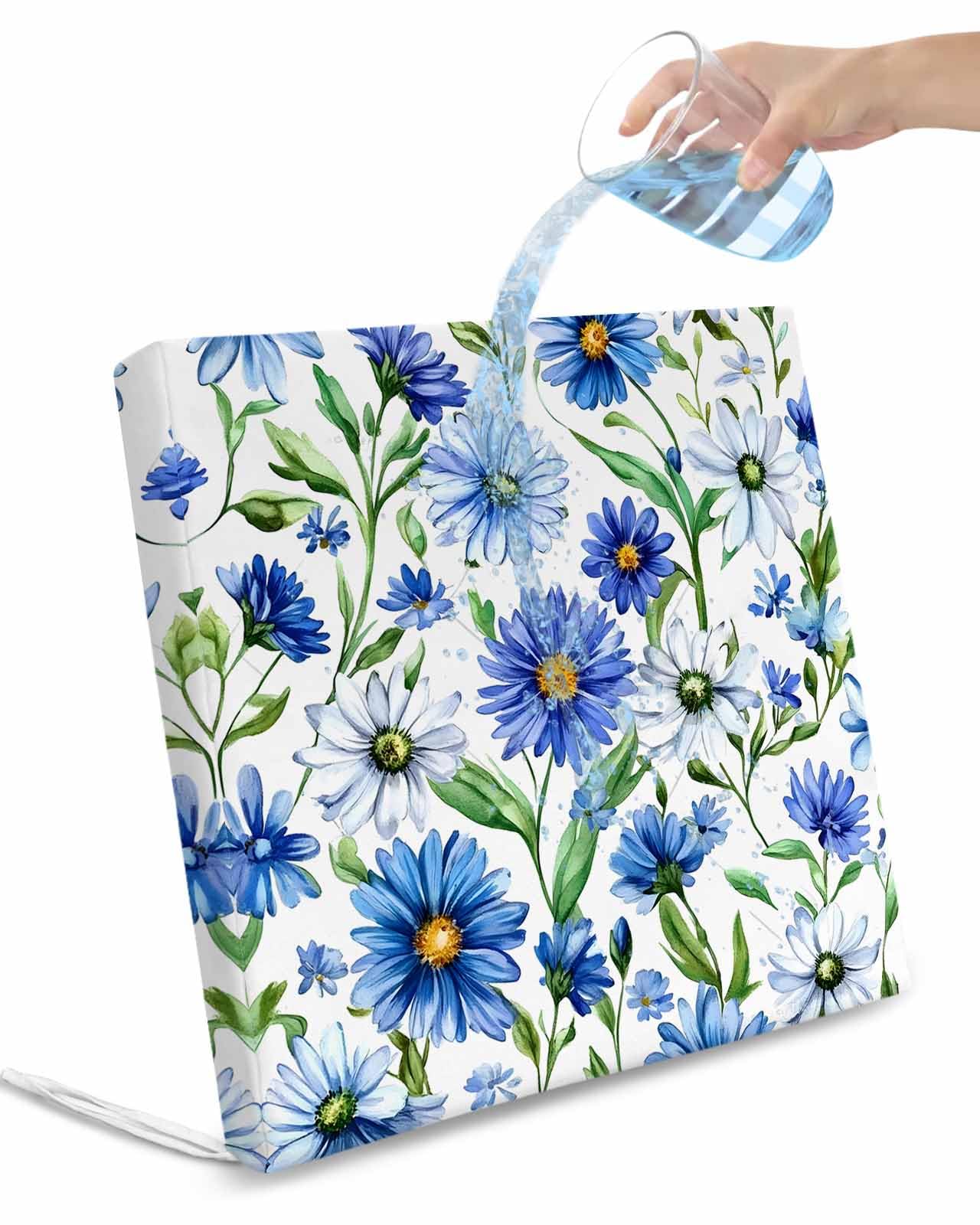 2 Pack Blue Flower Waterproof Cushion Covers with Ties, Outdoor Patio Chaise Lounge Chair Seat Cushion Slip Covers Replacement(Only Cover) Gradient Daisy Floral Watercolor Plant 20