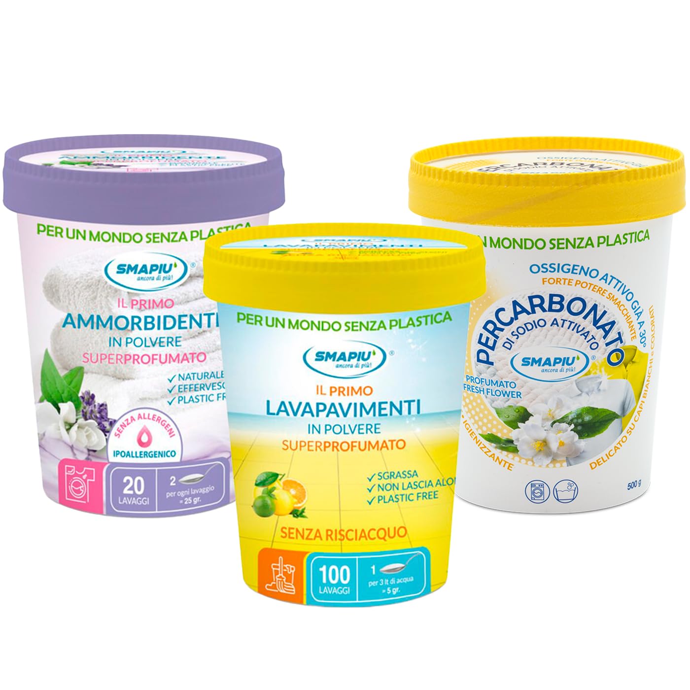 Smapiù - set pulizia eco - Ammorbidente in Polvere superprofumato 400gr + Lavapavimenti in Polvere agrumi 400gr + Percarbonato di Sodio Attivato Profumato 500gr. Confezioni in Cartone, plastic free.