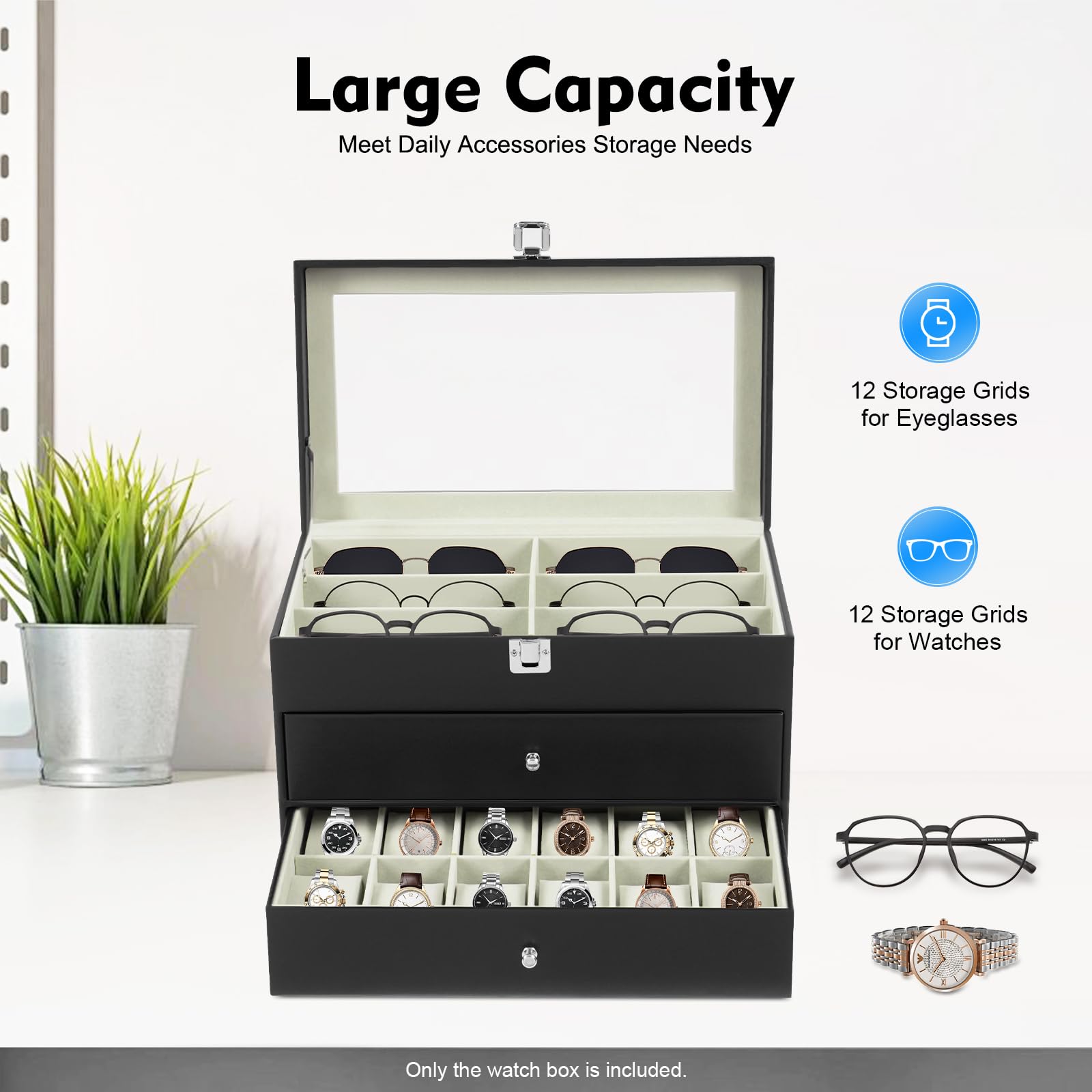 Caja para relojes con 24 compartimentos, caja para gafas, caja de reloj de 3 pisos con tapa de cristal, 12 relojes, 12 gafas, caja de almacenamiento con cajón, resistente al polvo, piel sintética