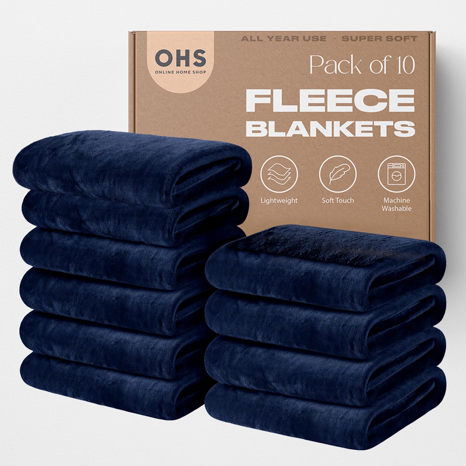 OHS Wholesale 10 x Plain Fleece Blankets Bulk Navy Throw, Super Soft Cosy Warm Blankets for Bed Sofas Settee Joblot King Size Bed Throws Lightweight Throw Blanket, 200 x 240cm