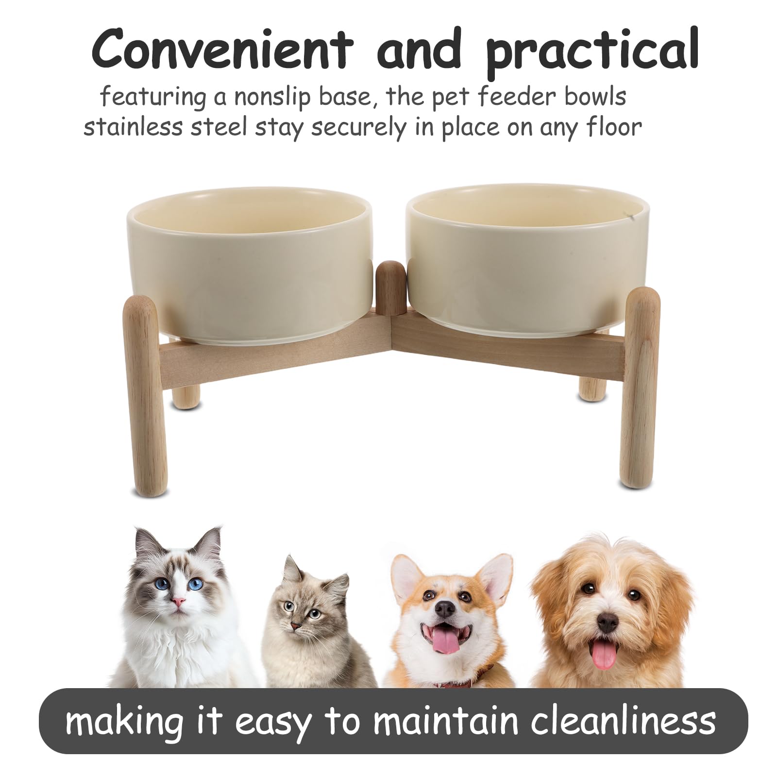 Hemobllo Juego de Cuencos Elevados para Perros Pequeños, Doble Tazón de Cerámica 850 Ml con Soporte de Madera Antideslizante 15,5 Cm, Comedero Elevado para Comida y Agua de Mascotas