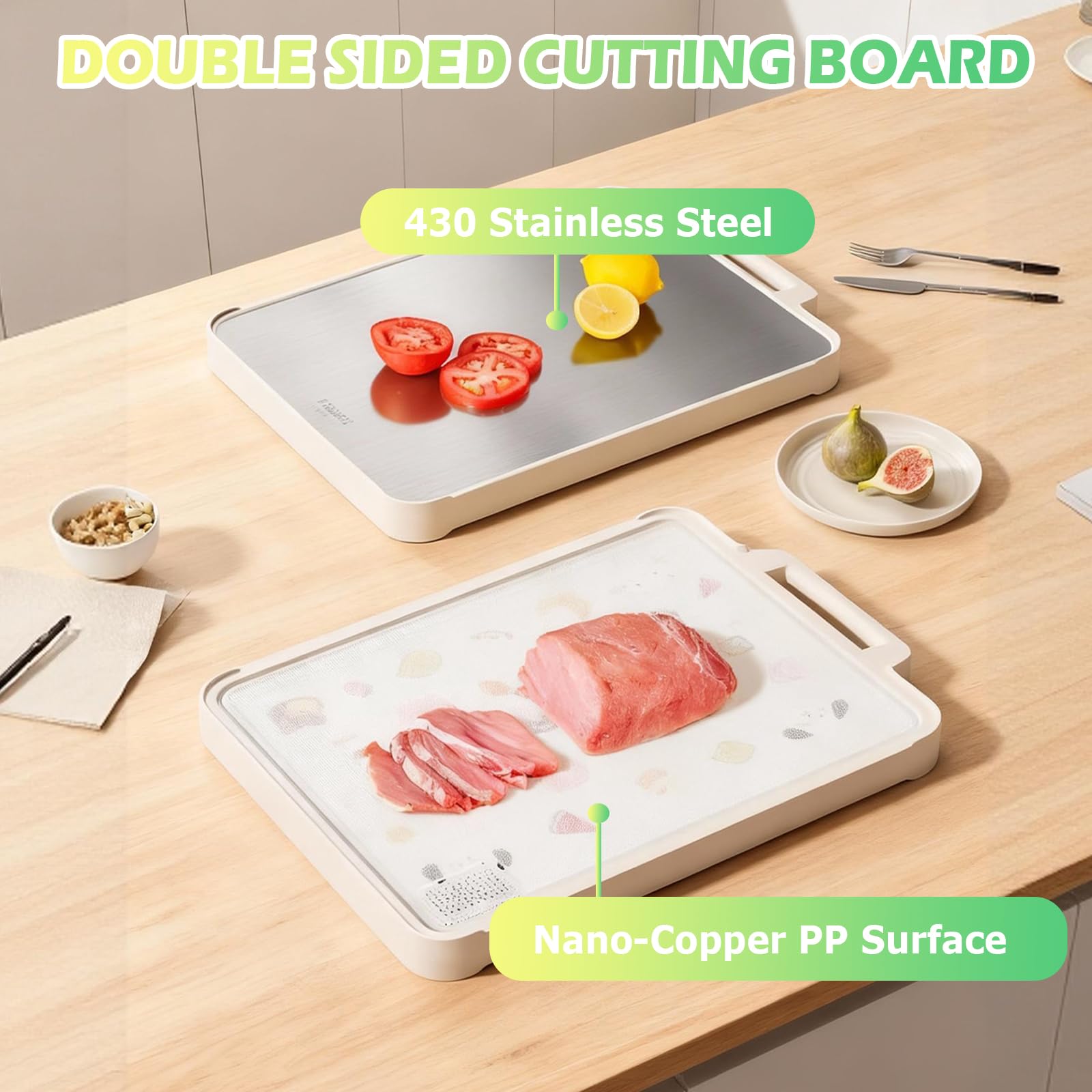 Tagliere double-face, 40,6 x 27,9 x 1,5 cm, spesso tagliere per uso alimentare con acciaio inossidabile e polipropilene ad alta resistenza, ideale per separare cibi crudi e cotti o carne e verdure