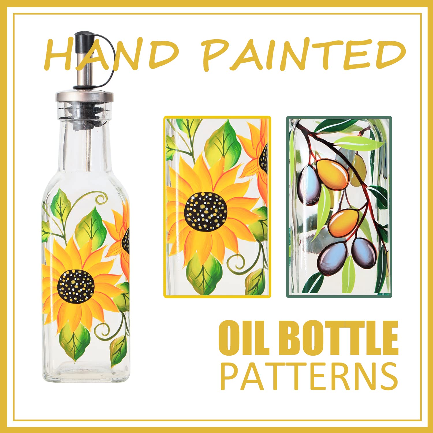 Dispensador de botellas de aceite de oliva de vidrio pintado a mano de 7 onzas, 200 ml, aceite verde y vinagre con vertedores y embudo, jarra de aceite de oliva para cocina (girasol)