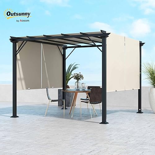 Miniatura 11 de Outsunny Pérgola de aluminio para patio de 10 x 13 pies con toldo retráctil para pérgola, refugio de sombra para porche, fiesta al aire libre, Marrón