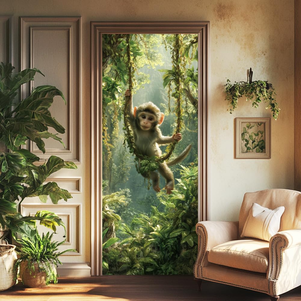 arricraft 2 Sheets Self-Adhesive Door Sticker, 80cmx200cm/31.5x78.7inch Forest Monkeys Climbing Vines Door Murals Stickers PVC Removable Wallpaper Decoration for Bedrooms ​Living Room