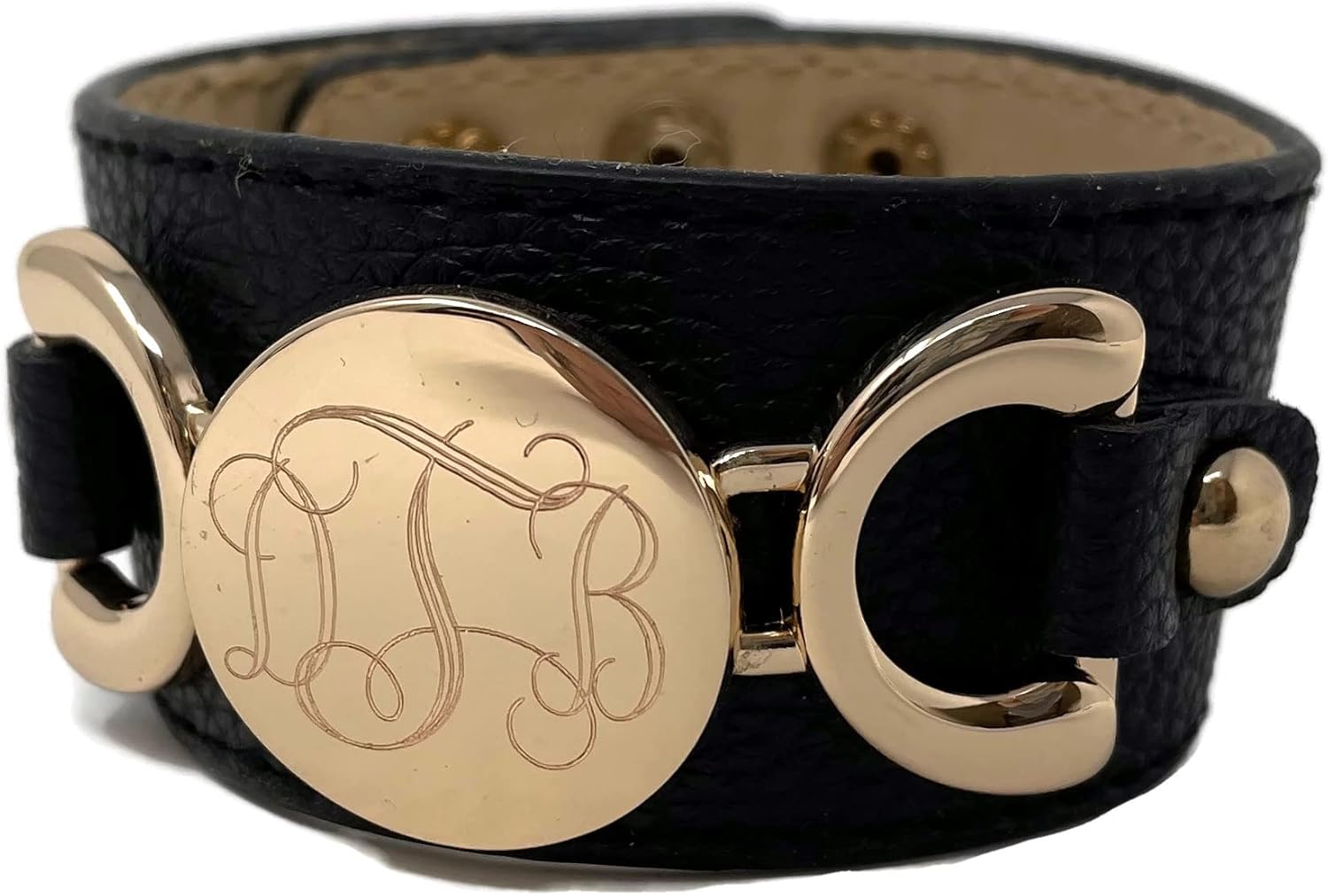 Monogrammed Initial Bracelet Black Leather with Gold