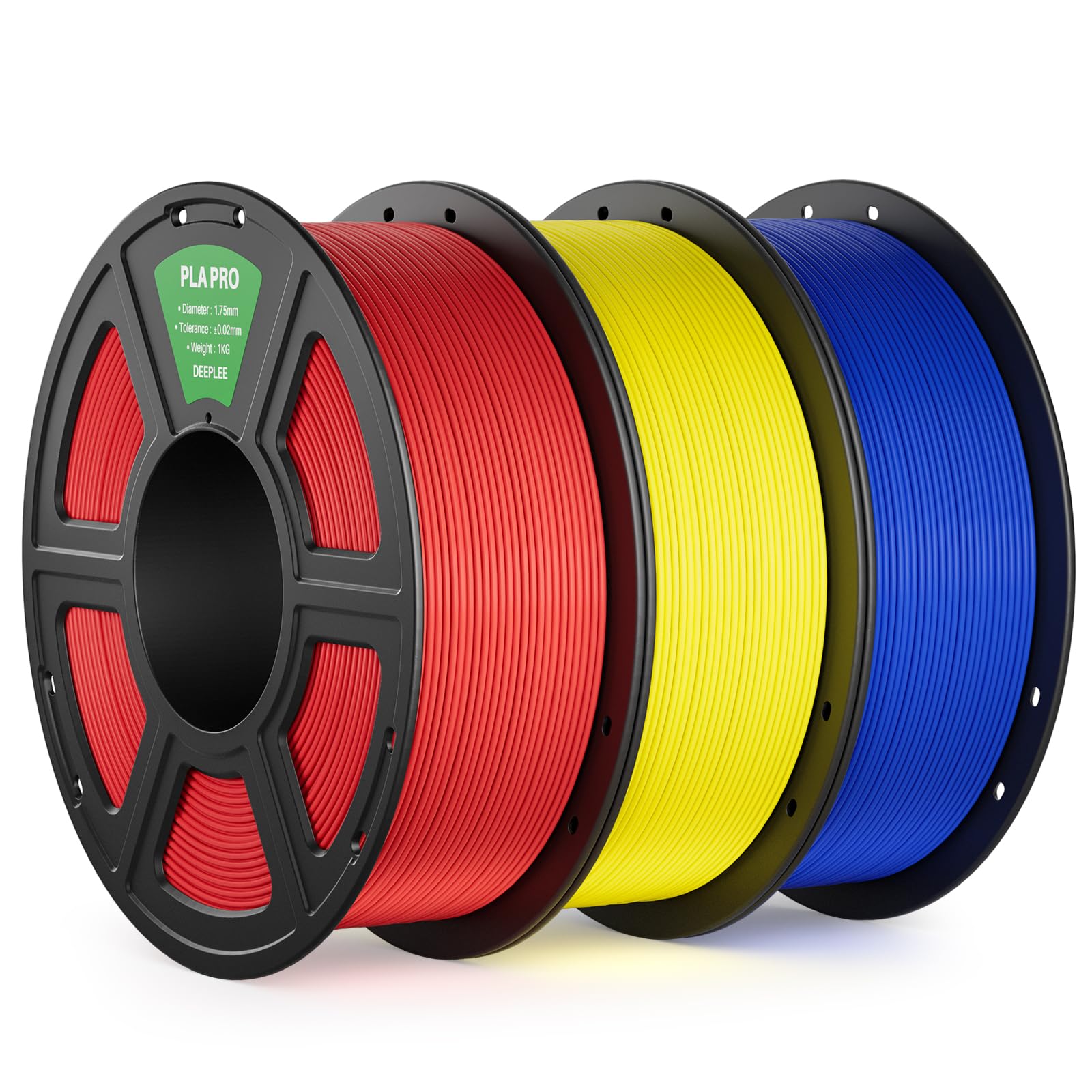 DEEPLEE PLA PRO Filament 1.75mm, Stärkere Zähigkeit 3D Drucker Filament, PLA Filament Maßgenauigkeit ±0.02 mm, Sauber gewickelt, Passend für die meisten FDM 3D Drucker, Rot Gelb Blau, 3KG