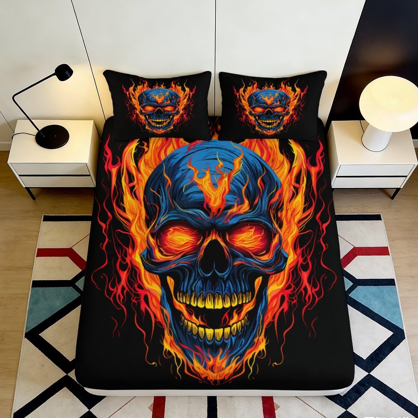3D Printed Flaming Skull Fitted Sheet Microfiber Soft Durable Fire Skull Bed Cover for Bedroom Guest Room Decor 90x200x25cm