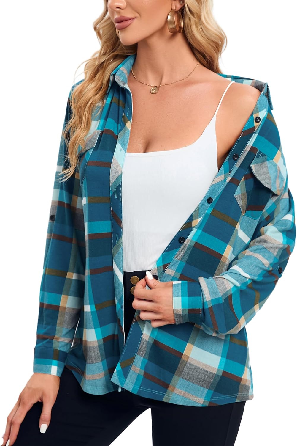 Oyamiki Womens Casual Cuffed Long Sleeve Boyfriend Button Down Plaid Flannel Shirt Tops - Image 4
