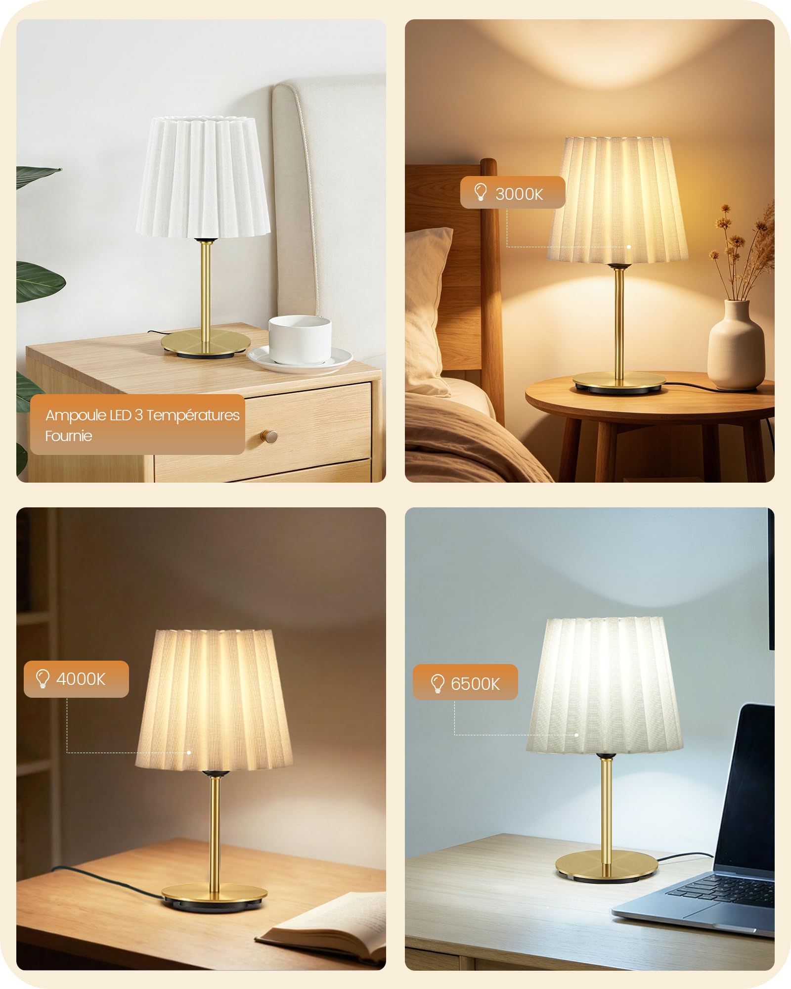 Petite Lampe de Chevet Lot de 2, Abat-Jour Blanc et Or
