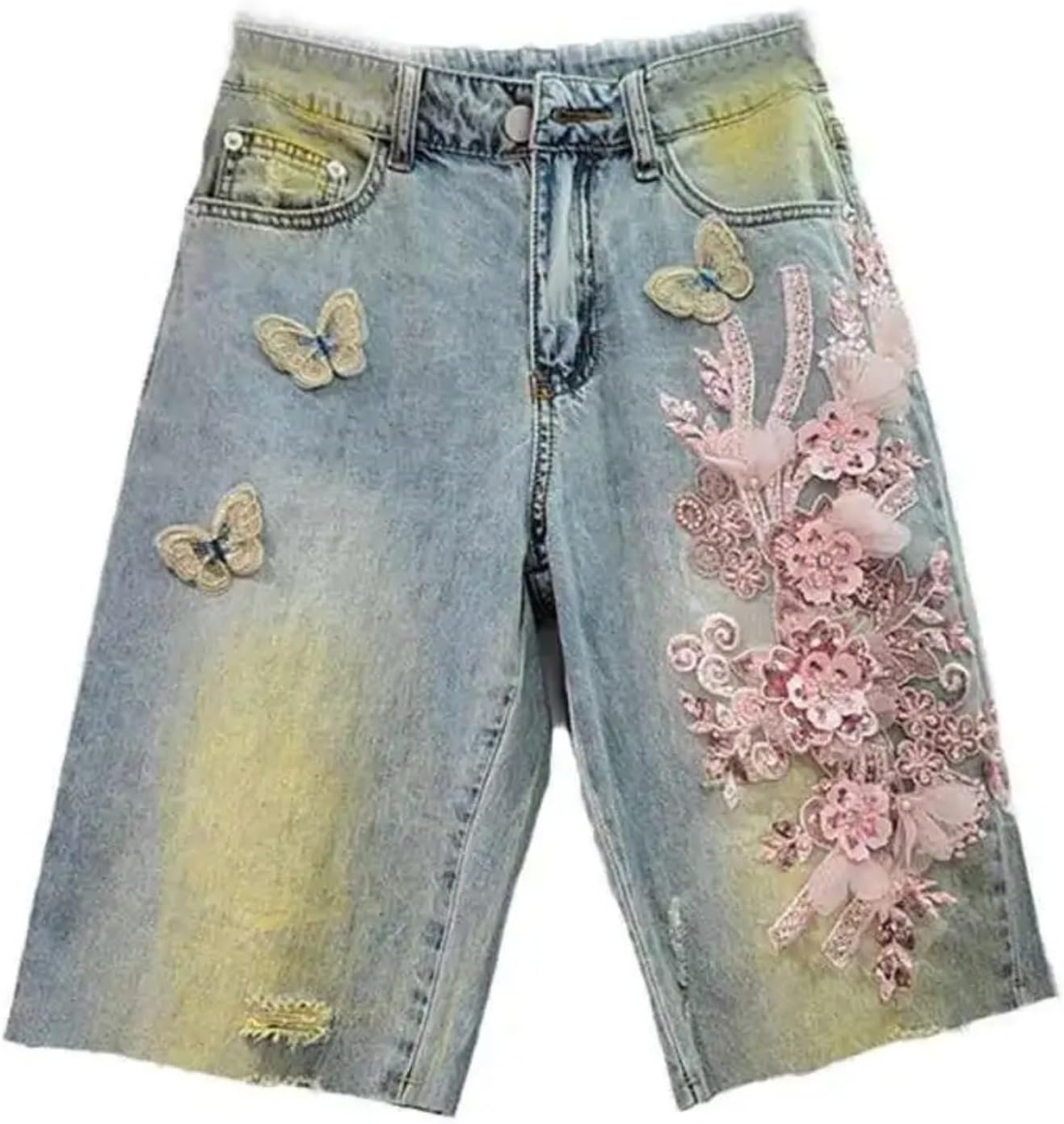 Women Denim Shorts High Waist 3D Butterfly Sequins Flowers Straight Knee Length Short Pants Summer