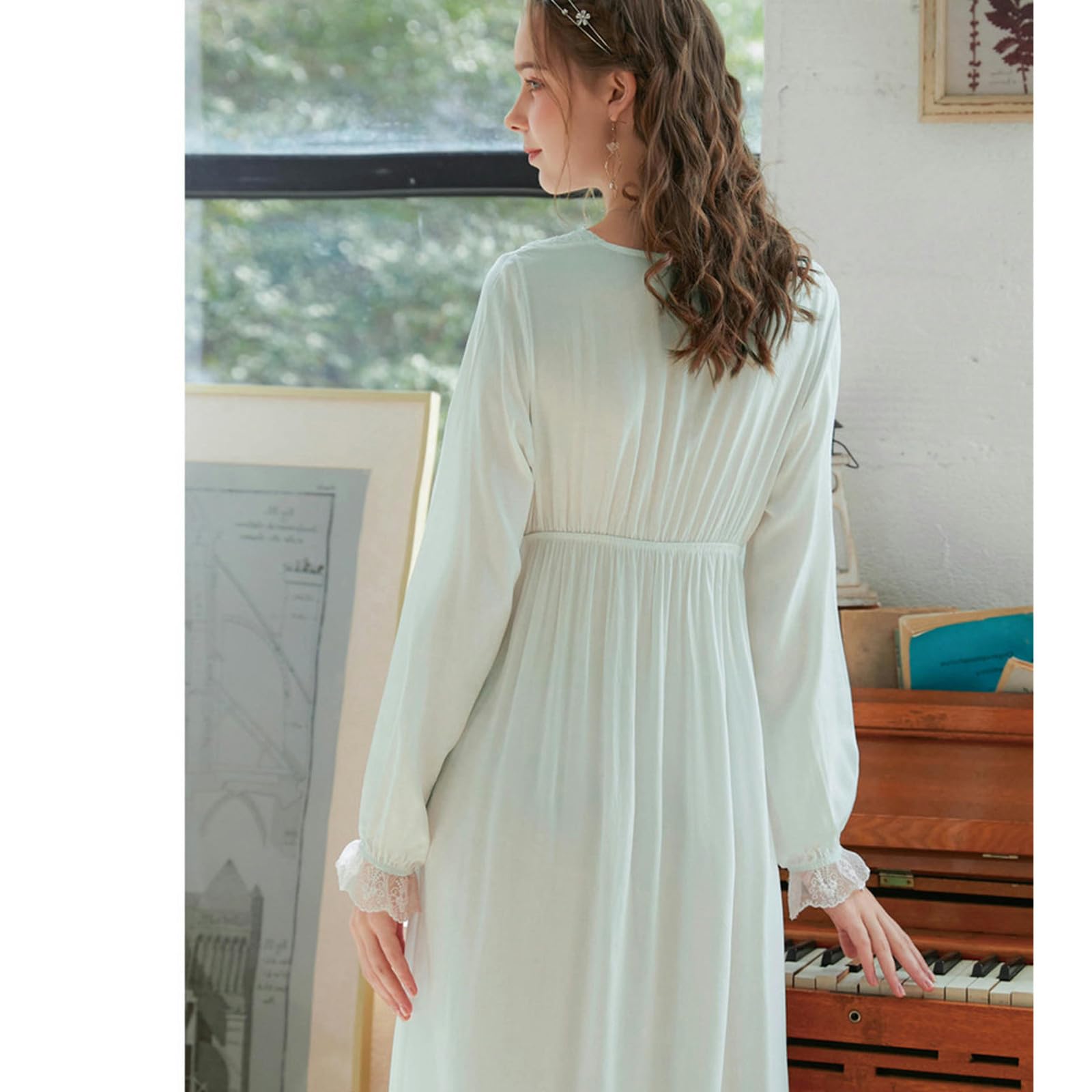 Camicia Notte Donna Nightdress A Maniche Lunghe per Donne Spring Princess Lace Vesti di Cotone A V-Neck Long Autunno Autunno-Manica Lunga-s