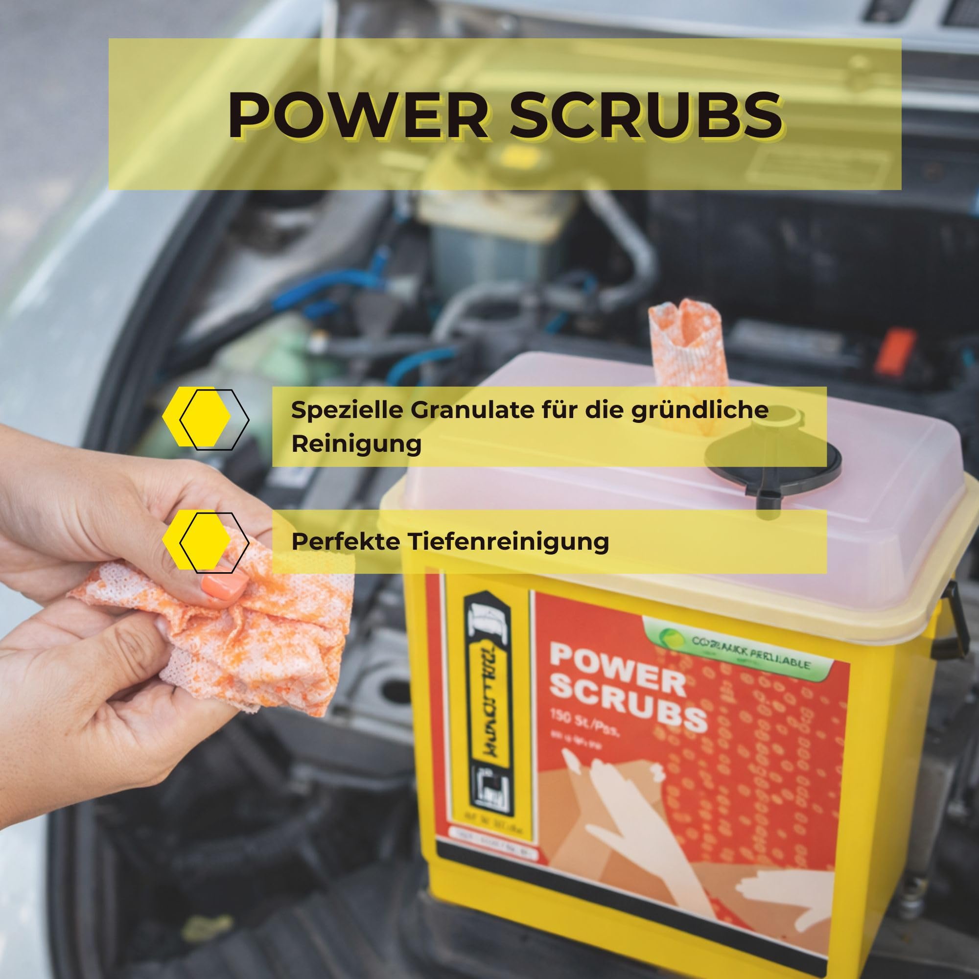 INNOTEC Power Scrubs Box mit 150 Stück – leistungsstarke Reinigungstücher für verschmutzte Hände & Oberflächen – entfernen Fett, Farbe, Kleber, Ruß – ideal für Werkstatt, Industrie & Handwerk