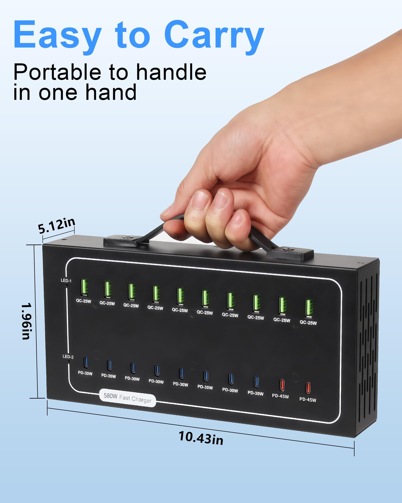 Estación de carga USB de 430 W, estación de carga rápida de 20 puertos para múltiples dispositivos, multiprotocolo PD3.0/QC4.0, fuente de alimentación inteligente y protección contra sobrecarga para