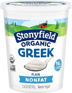 Stonyfield Organic Greek Nonfat Plain Yogurt, 32 oz - 16g Protein, 0g Fat, Ideal Snack & Cooking Substitute