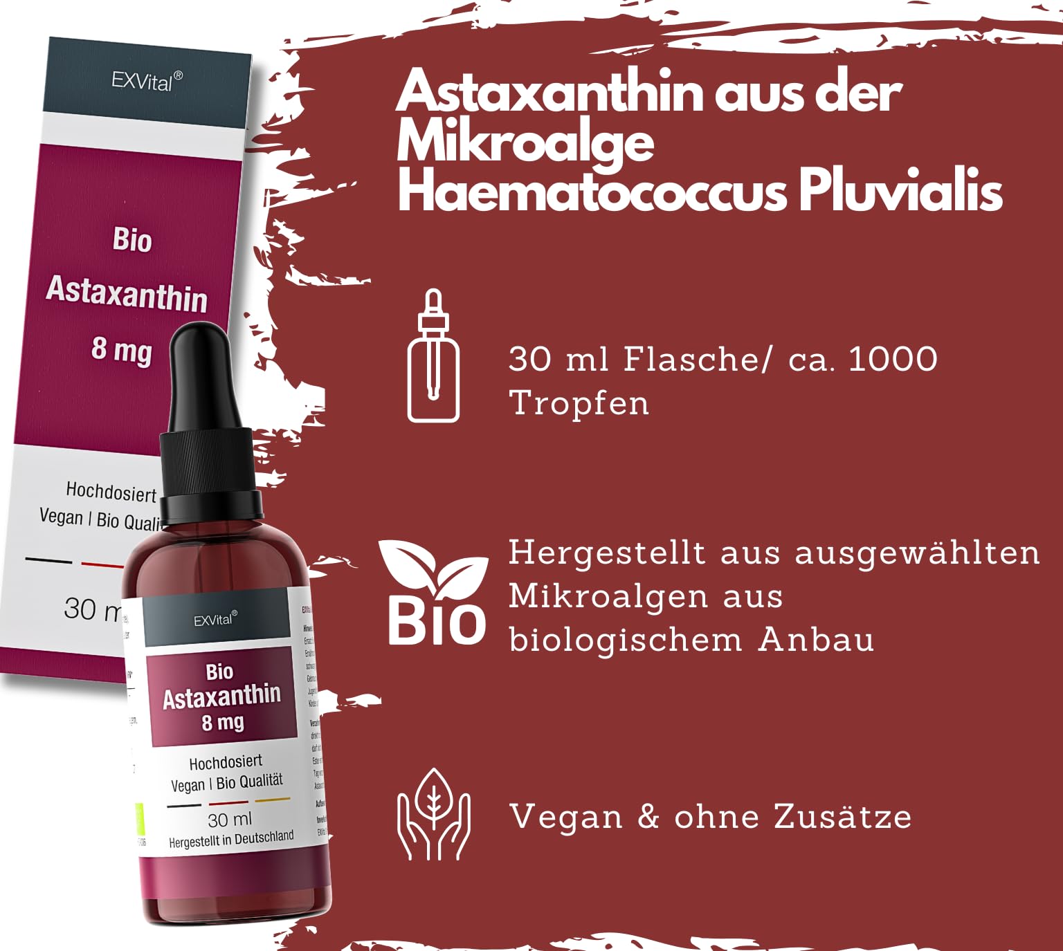 Bio Astaxanthin Tropfen, 8mg Astaxanthin pro Tagesdosis, Hochdosiert & Vegan - 100% natürliches Astaxanthin - Hohe Bioverfügbarkeit - Laborgeprüft, 30 ml
