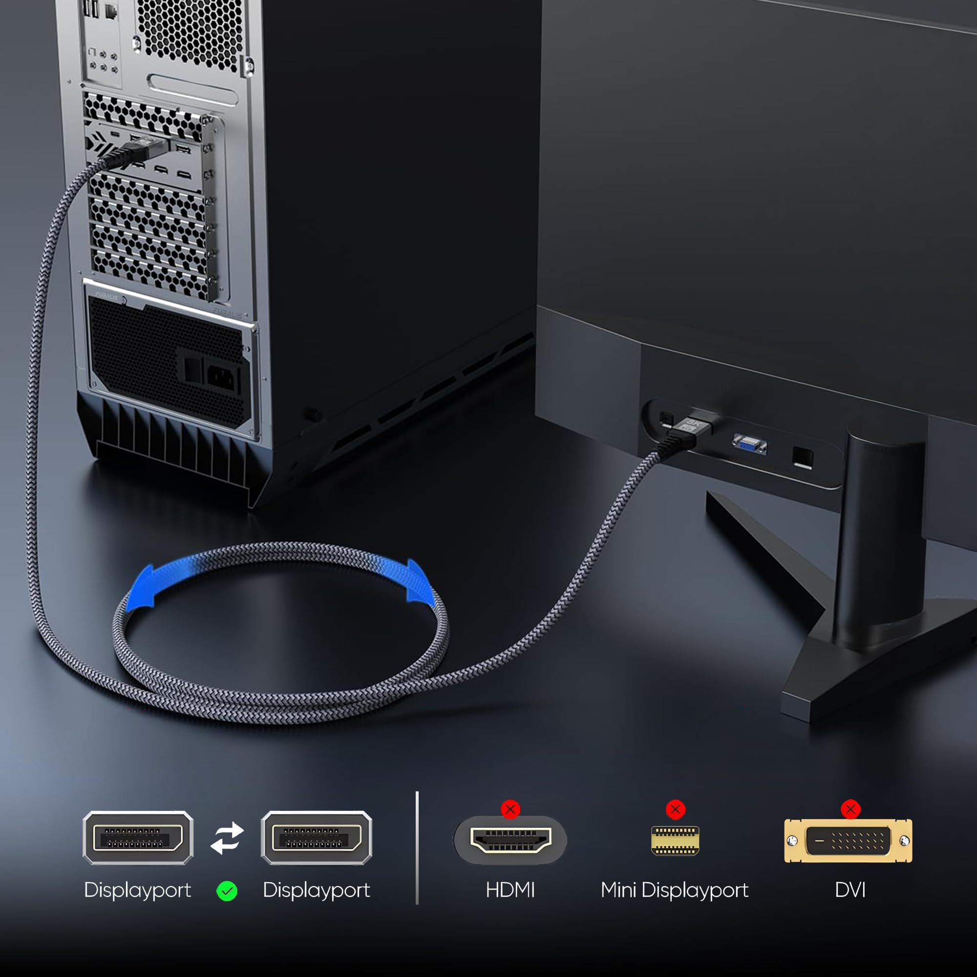 Furalis 8K DisplayPort Kablosu DP 1.4 (3 METRE) - 8K 60Hz / 4K 144Hz / 2K 165Hz - HDR10, 3D, Ses+Görüntü - Alüminyum Gövdeli ve Örgülü Gaming Monitör Kablosu