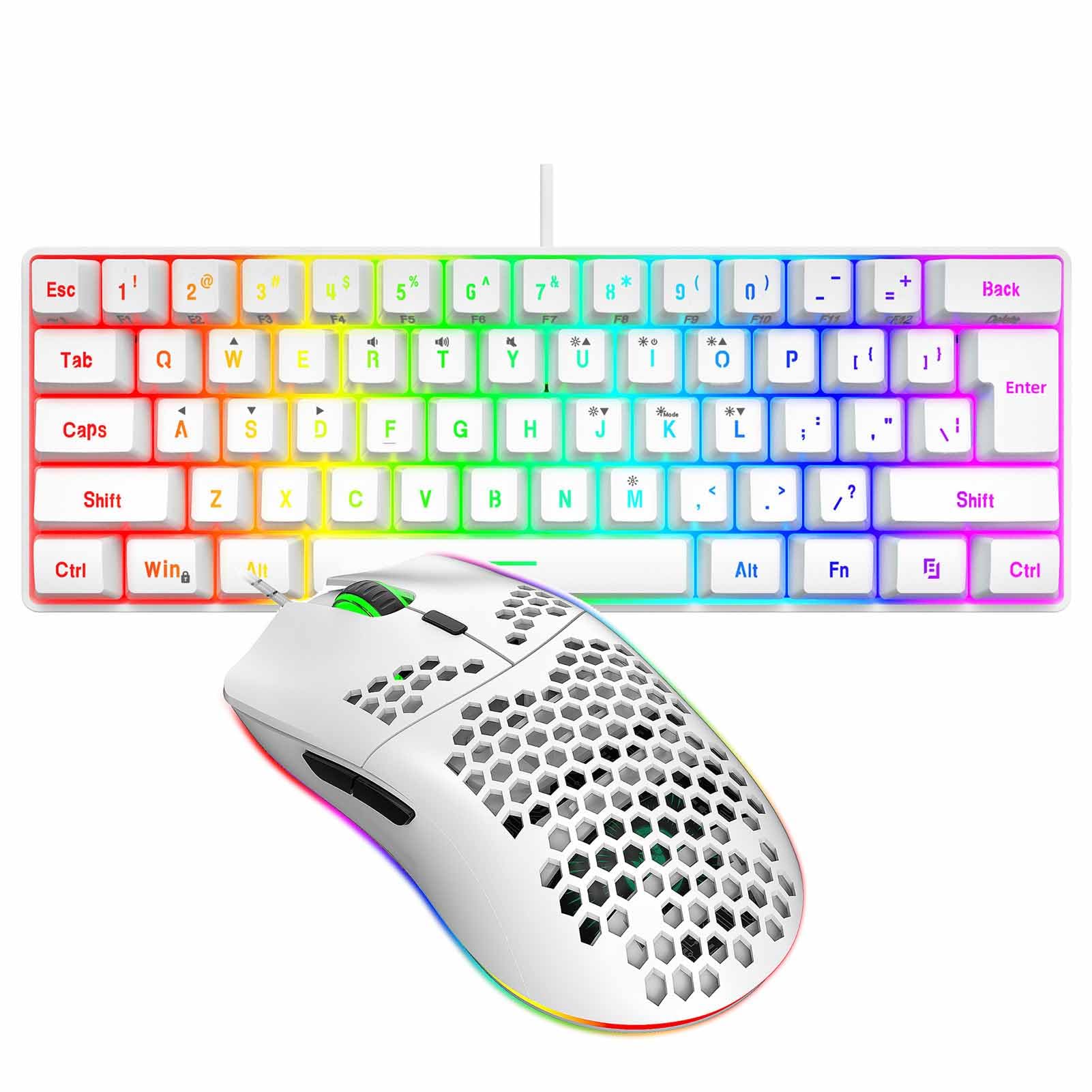 Asixxsix Zestaw Przewodowej Klawiatury i Myszy do Gier w 60% RGB, Mysz do Gier o Rozdzielczości 6400 DPI, 61 Klawiszami z Podświetleniem RGB, Mysz USB na Laptopach (Biały zestaw)