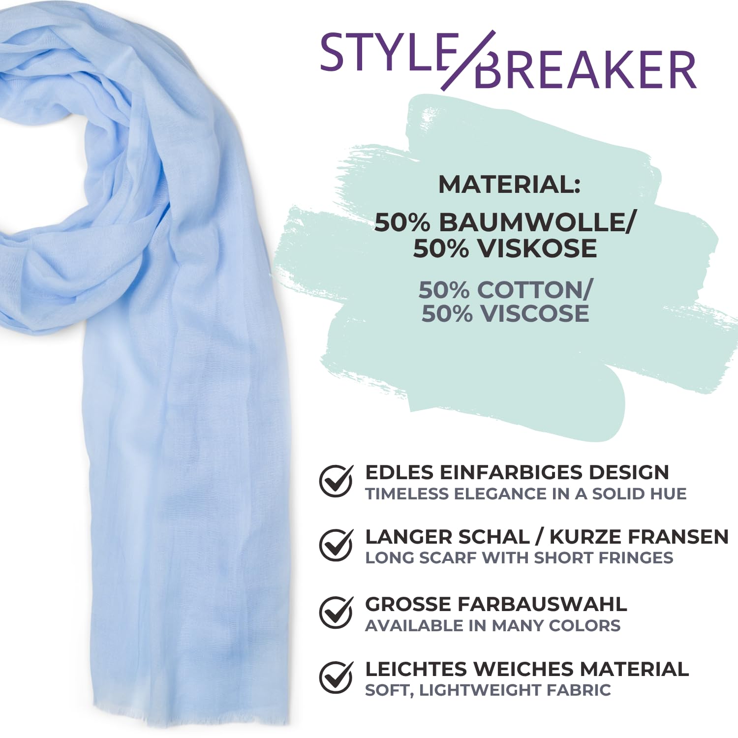 styleBREAKER chal ligero y semitransparente para mujer con flecos cortos | foulard liso para primavera y verano | pañuelo suave y amplio para hombros 188 x 100 cm