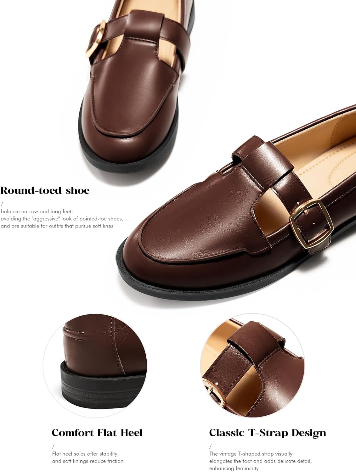 Coutgo Womens Slip On Loafers T-Strap Closed Round Toe Flats Comfortable Work Business Dress Shoes, Dark Brown, Size 9 - Image 5