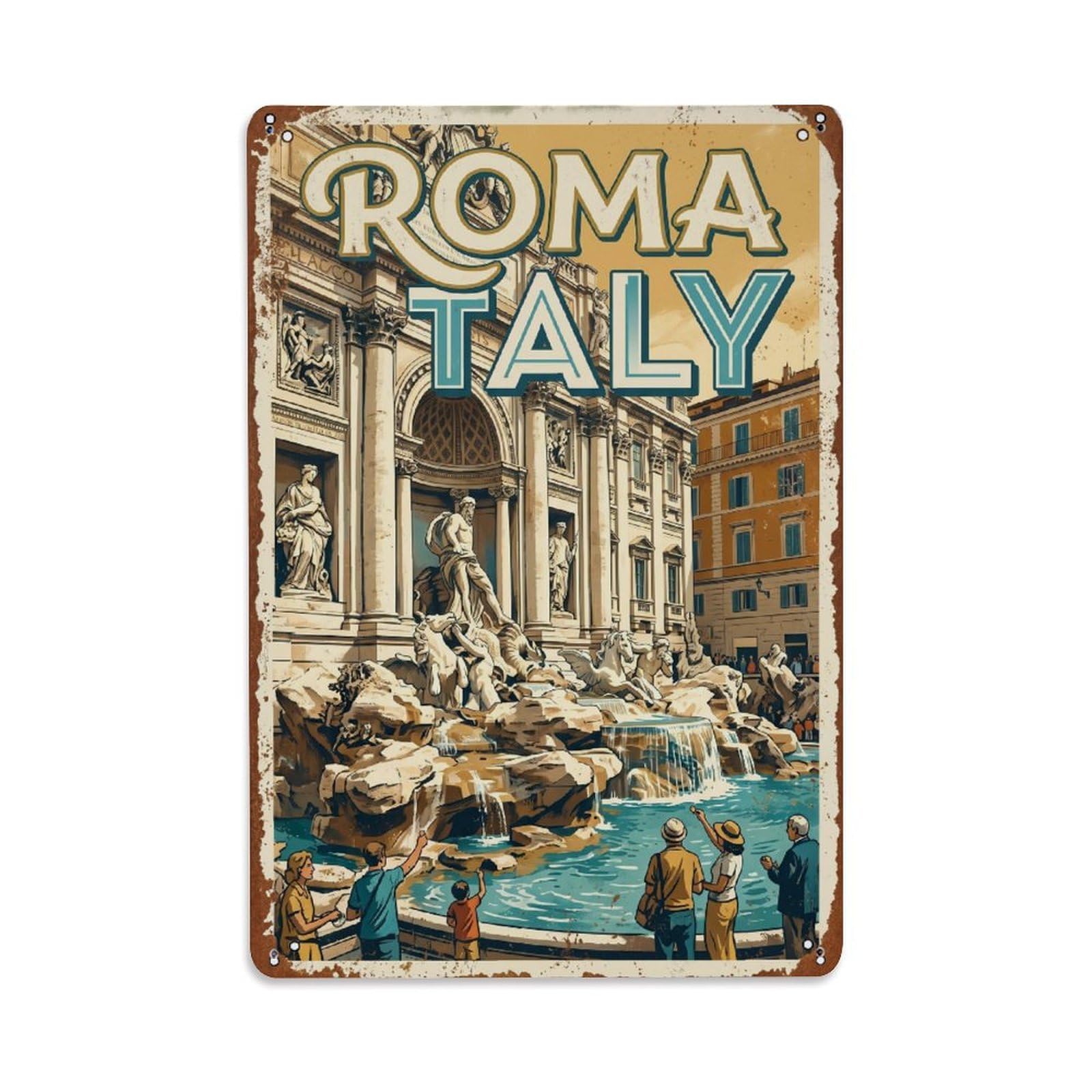 Vintage Travel Fountain Rome 1 Metal Tin Sign Wall Decor for Cafe, Club, Garden Metal Poster 8x12Inch