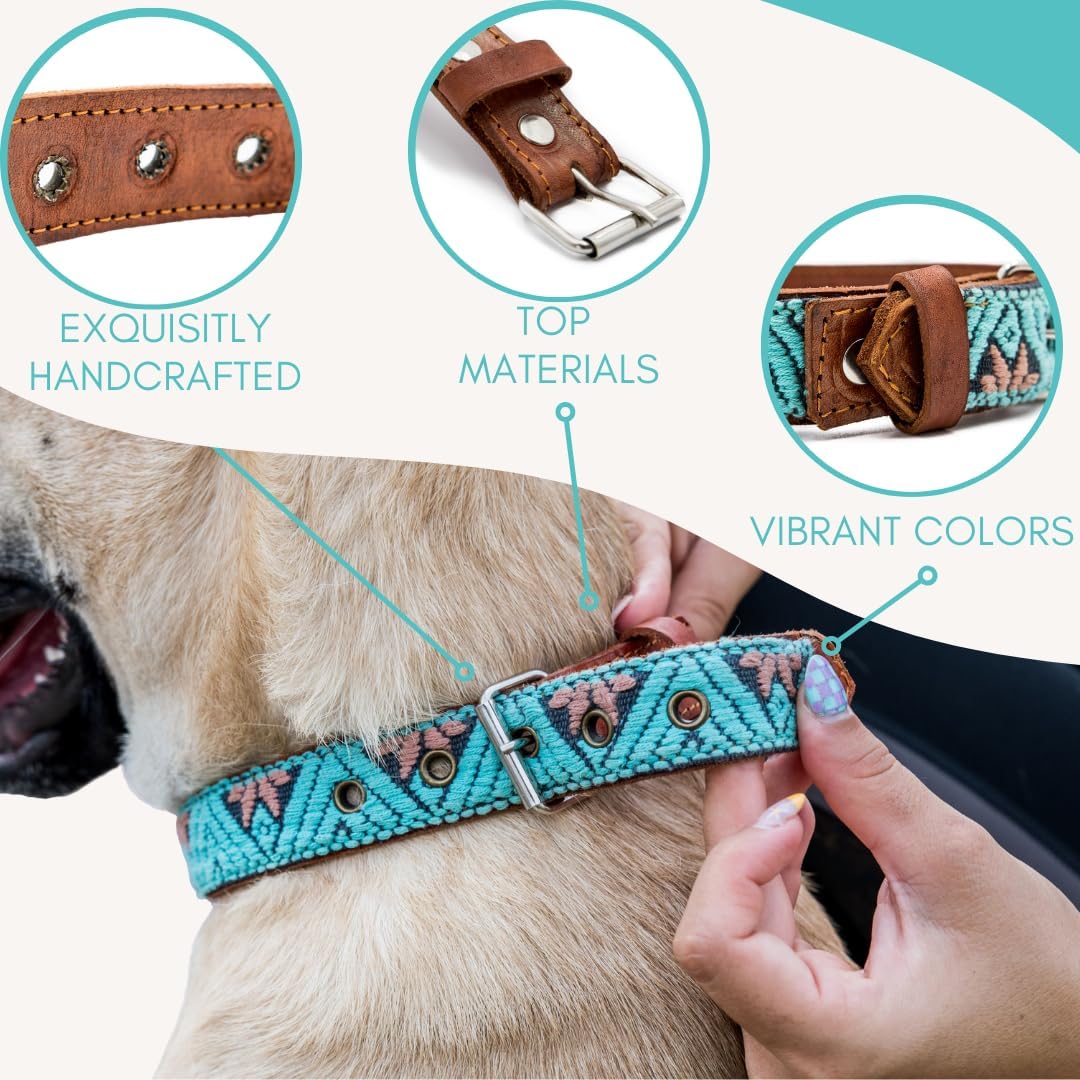 Western Dog Collar – Leather Dog Collar Embroidered Design for Small Medium Large Dogs & Puppy Pets - Aztec & Southwest for Boy and Girl Female & Male Dogs - Collar Para Perro (Medium, Teal)