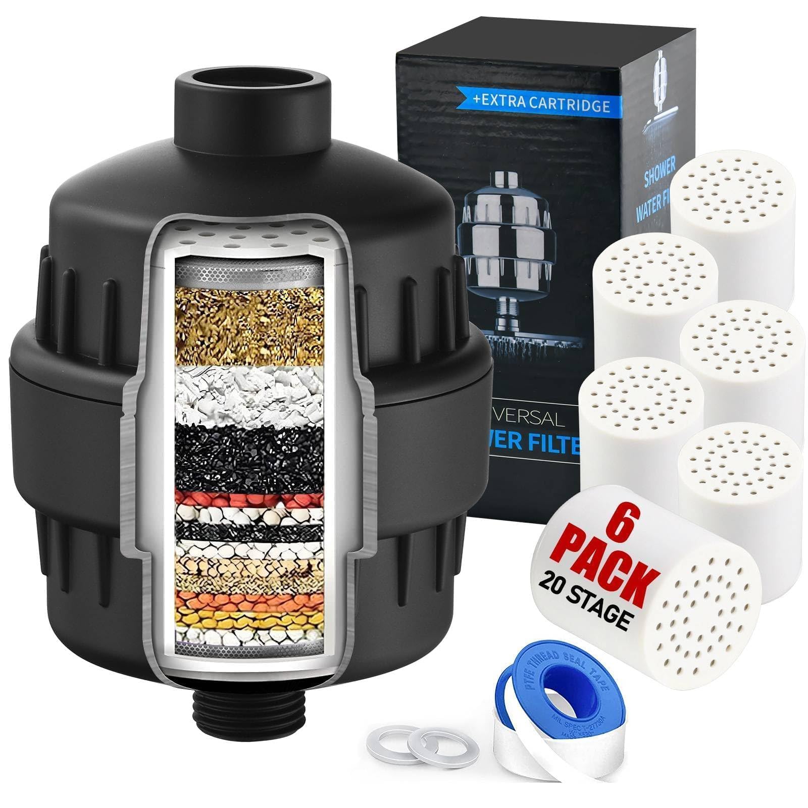 Matte Black Shower Head Filter with 6 Replacement Cartridges - 20 Stage Water Softener for Hard Water - Reduce Chlorine and Fluoride - Ideal for Improve Skin, Hair, and Scalp Condition