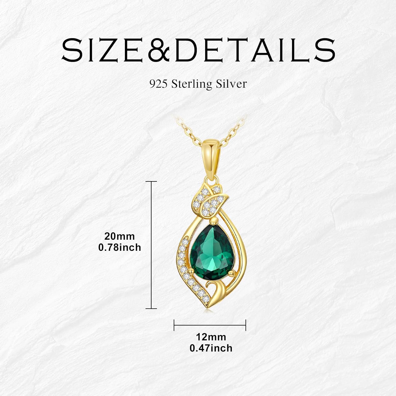 Emerald Necklaces for Women 18K Gold Plated Silver Teardrop Green Emerald Pendant Necklaces, May Birthstone 18+2" - Image 4