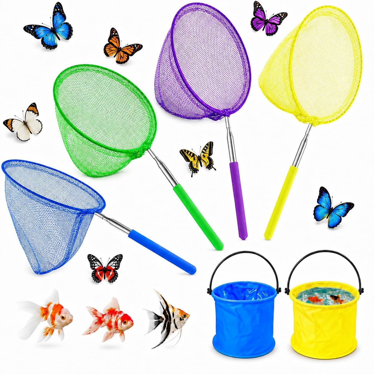 Lot De 4 épuisettes Télescopiques Pour Enfants – 37 à 85 Cm + 2 Seaux Pliables – Pour Papillons, Poissons, Insectes – Orange Et Bleu