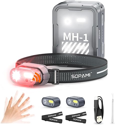 SOPAMI - Linterna frontal recargable, lámpara de lúmenes, paquete de 2 luces LED brillantes, lámpara de frente, luz de trabajo con sensor para