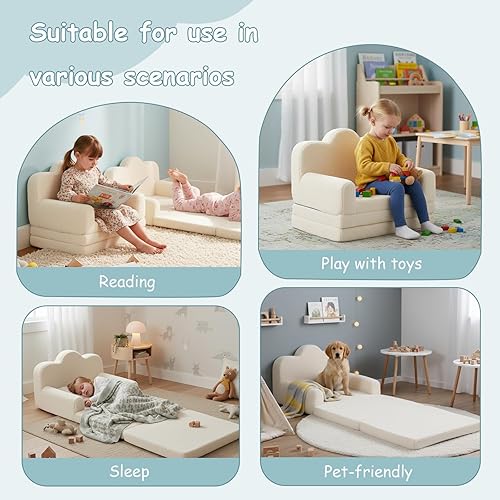 Miniatura 69 de Tiita Silla para niños, cómodo sofá plegable para niños, sofá ligero para niños con asa de transporte y bolsillos laterales, reposabrazos de espuma