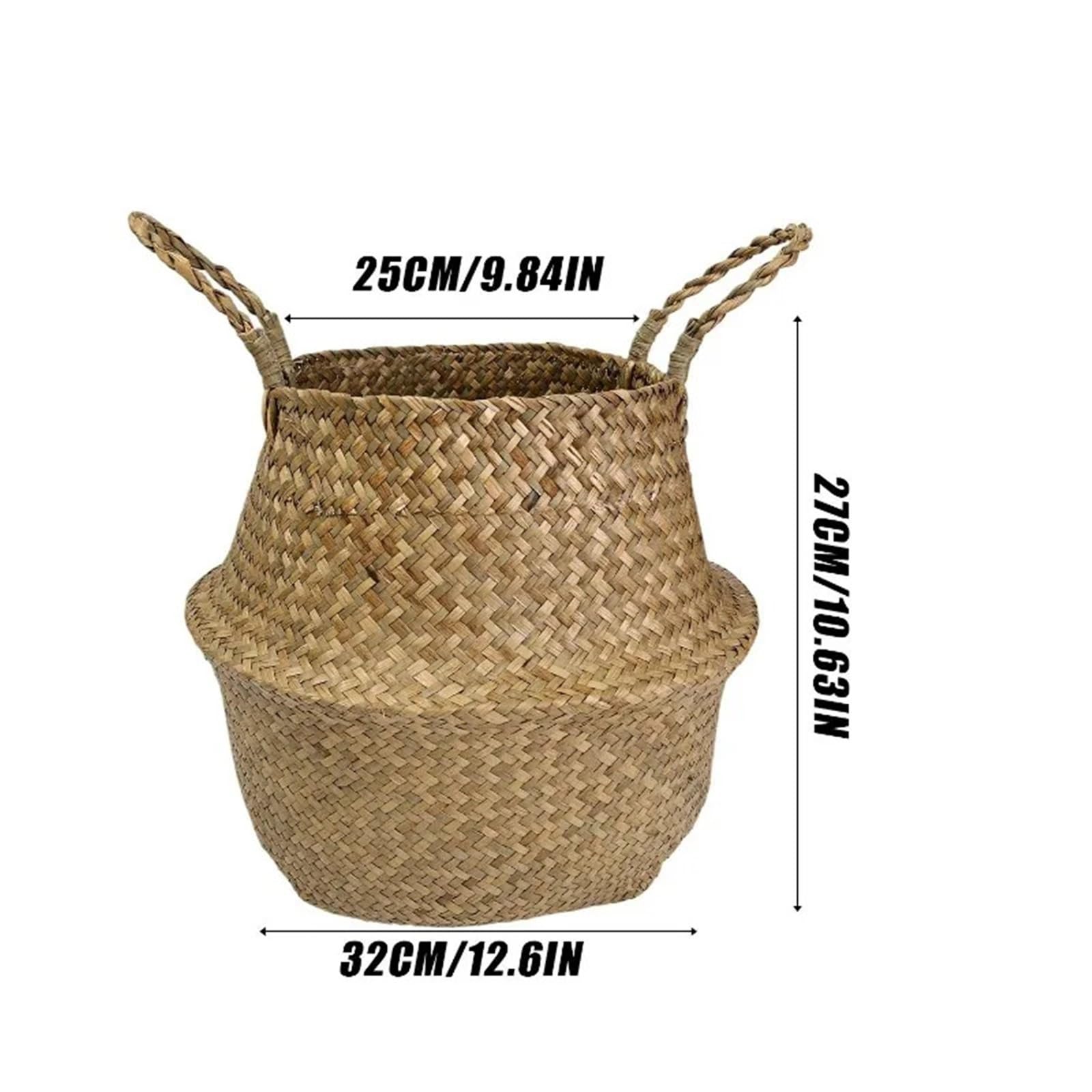 Cesta de almacenamiento tejida a mano pasto marino natural | Con asas dobles, cubierta for maceta, forma de calabaza, tejido cónico for lavandería, sala de estar