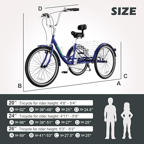 Vista 142 de H&ZT Triciclo para adultos, bicicleta de 3 ruedas, triciclo crucero, con engranaje de 7 velocidades, mango de freno de estacionamiento, escalón