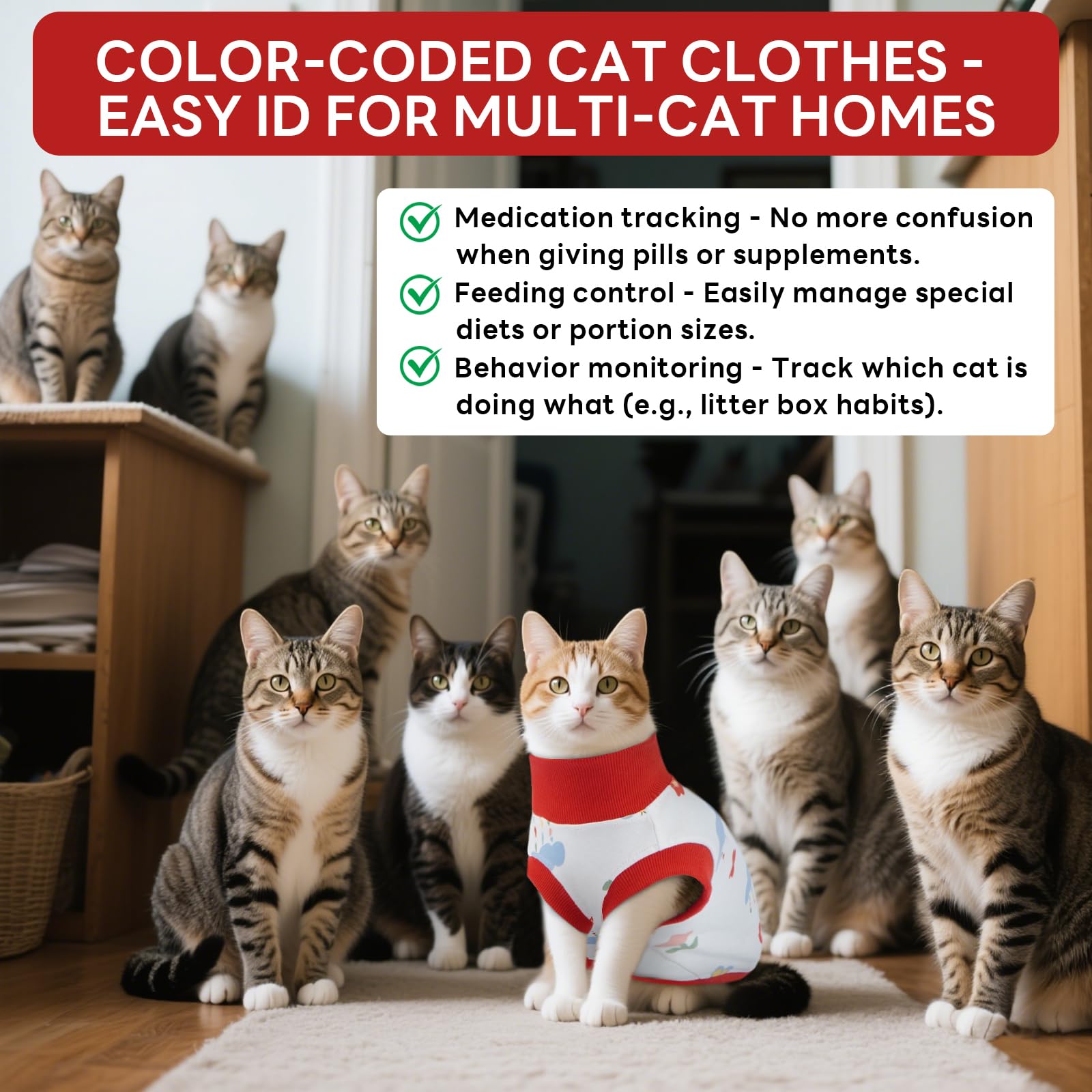 HjyHjyokuso Vestito Gatto in Cotone - Senza Maniche, Collo Alto, Respirante, Per Gatti Sensibili - Aiuta a Controllare la Perdita di Pelo e Calma l'Ansia - Rosso, L