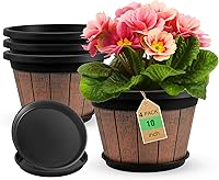 Quarut 4 Pack 10 Inch Whiskey Barrel Plant Pots with Drainage Holes & Saucers - Retro Brown Resin Planters for Indoor Outdoor Gardens