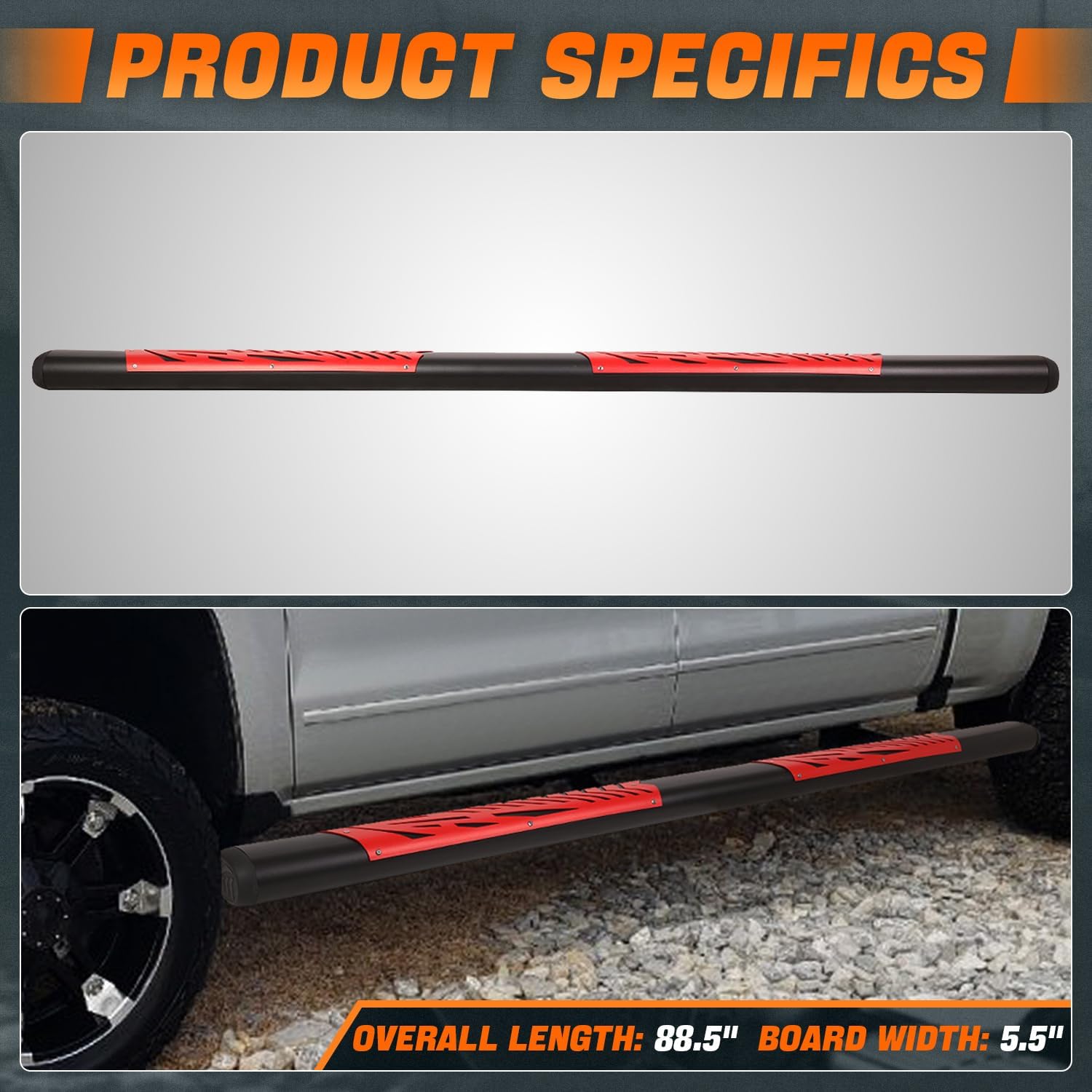 5.5 in. Black/Red Stainless Steel Oval Step Nerf Bar Compatible with 15-22 Ford F150 F250 F350 Super Duty Crew Cab CAAP-STEPS-8199BKRD-ZTL
